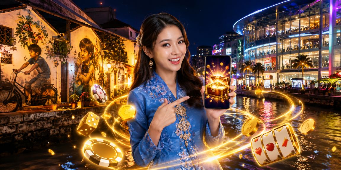 Pengguna wanita berbaju kurung menggunakan aplikasi kasino di Penang